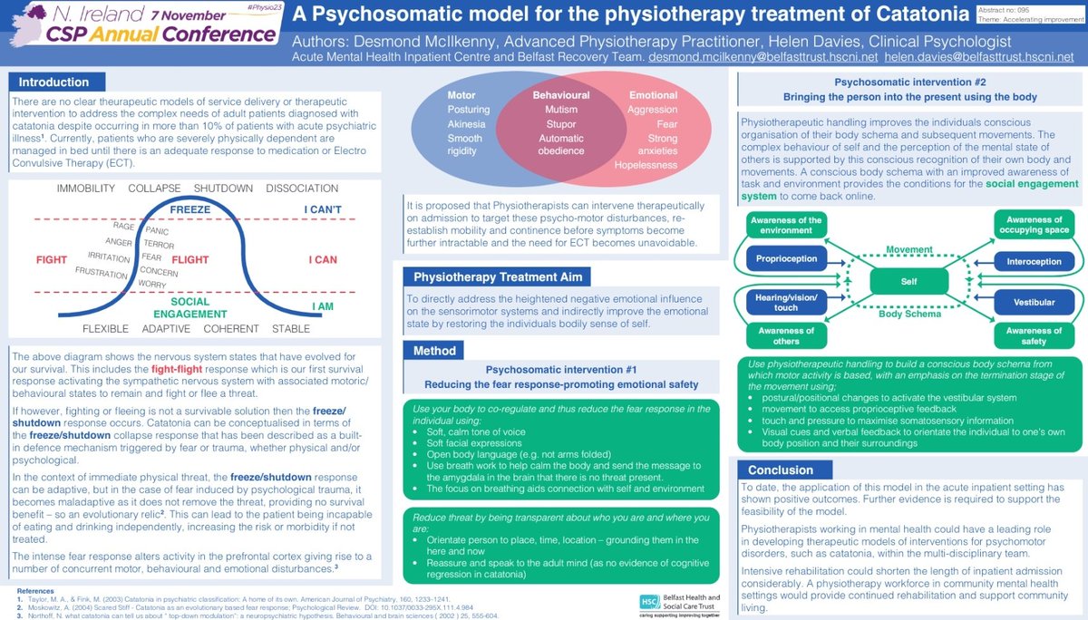 Congratulations to Desmond McIlkenny (Physiotherapist) and Helen Davies (Clinical Pschologist) on Runner Up for Best Poster Award @thecsp conference NI. 'A Psychosomatic Model for the physiotherapy treatment of Catatonia.' #Physio23 @ashjamesphysio
