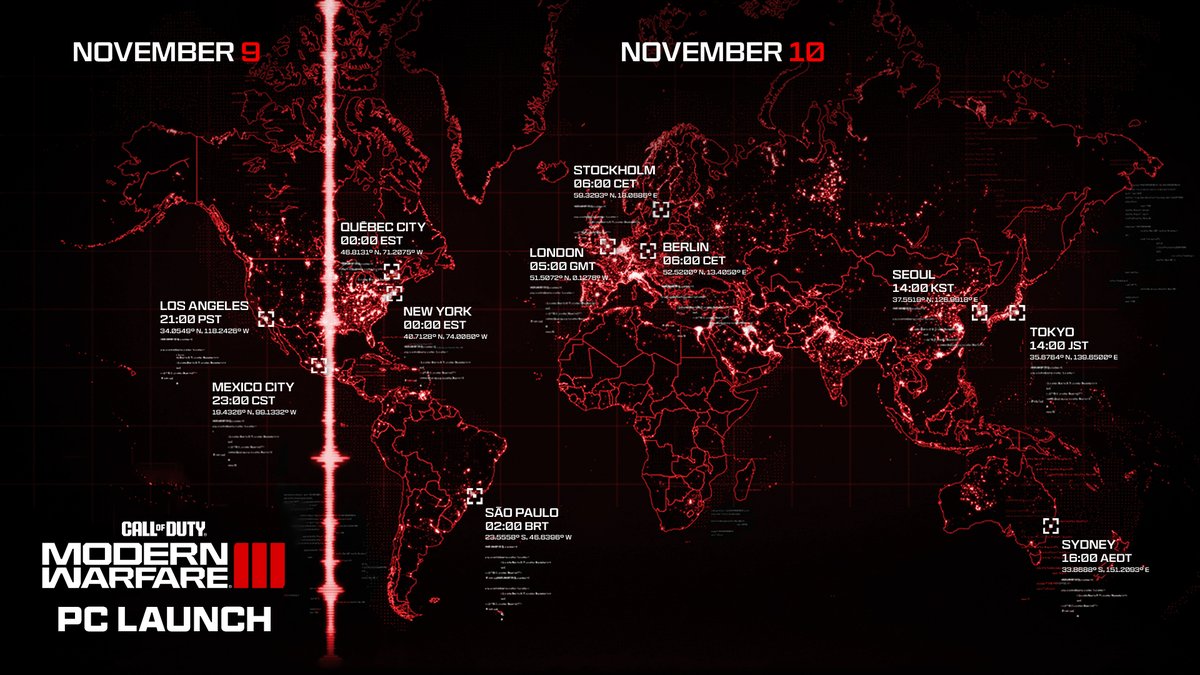 Call of Duty: Modern Warfare III Launch Times: 

Consoles 
Launches Nov 10th midnight local time in your region, except North America where it launches Nov 9th at 9pm PT, 10pm MT, 11pm CT, and Nov 10th at 12am ET. 

PC Battle net and Steam
Launches worldwide Nov 9th at 9pm PT: