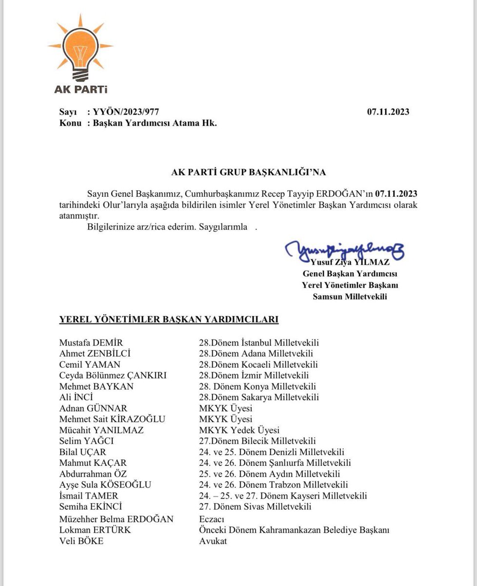 Sayın Genel Başkanımız, Cumhurbaşkanımız <a href="/RTErdogan/">Recep Tayyip Erdoğan</a> ’ın onayıyla Yerel Yönetimler Başkanlığı'nda görev alan tüm başkan yardımcısı arkadaşlarıma başarılar diliyorum. Hep birlikte Milletimiz için hizmet etmek için çalışmaya devam edeceğiz.

Ülkemize , Milletimize ve Partimize