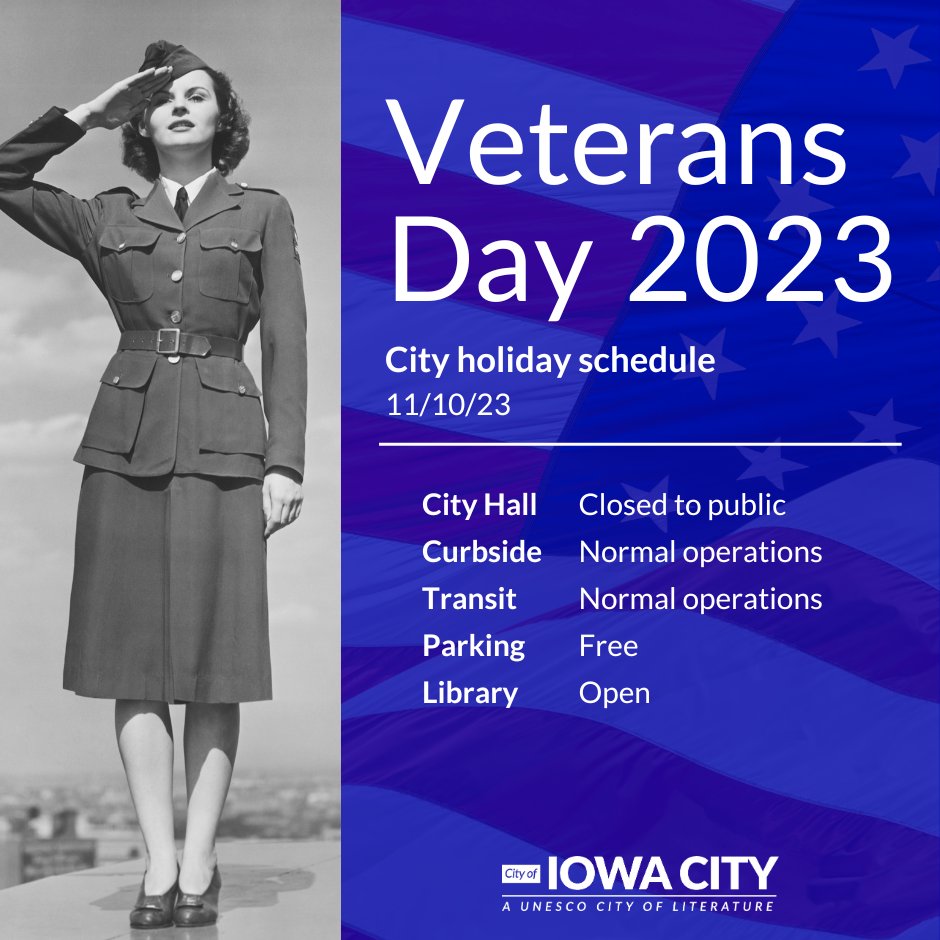 City Hall and other City facilities will be closed today, Friday, Nov. 10, 2023, for the Veterans Day holiday.
🗑️Trash, recycling, compost will be collected.
🚌Transit will run.
🚗Parking is free Downtown.
Learn more: bit.ly/ICVeteransDay23