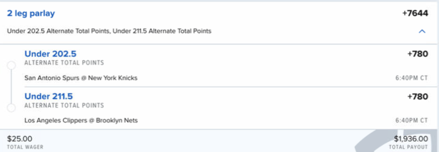 EdgePlayBook's tweet photo. #BetInPublic #100DayOfParlayChallenge #Day41 part 1. Tally after 40 days of betting +$2214.65 #NBA #LowScoring @spurs @nyknicks @LAClippers @BrooklynNets #KnicksVsSpurs #NetsVsClippers https://t.co/THlgKLGeF9