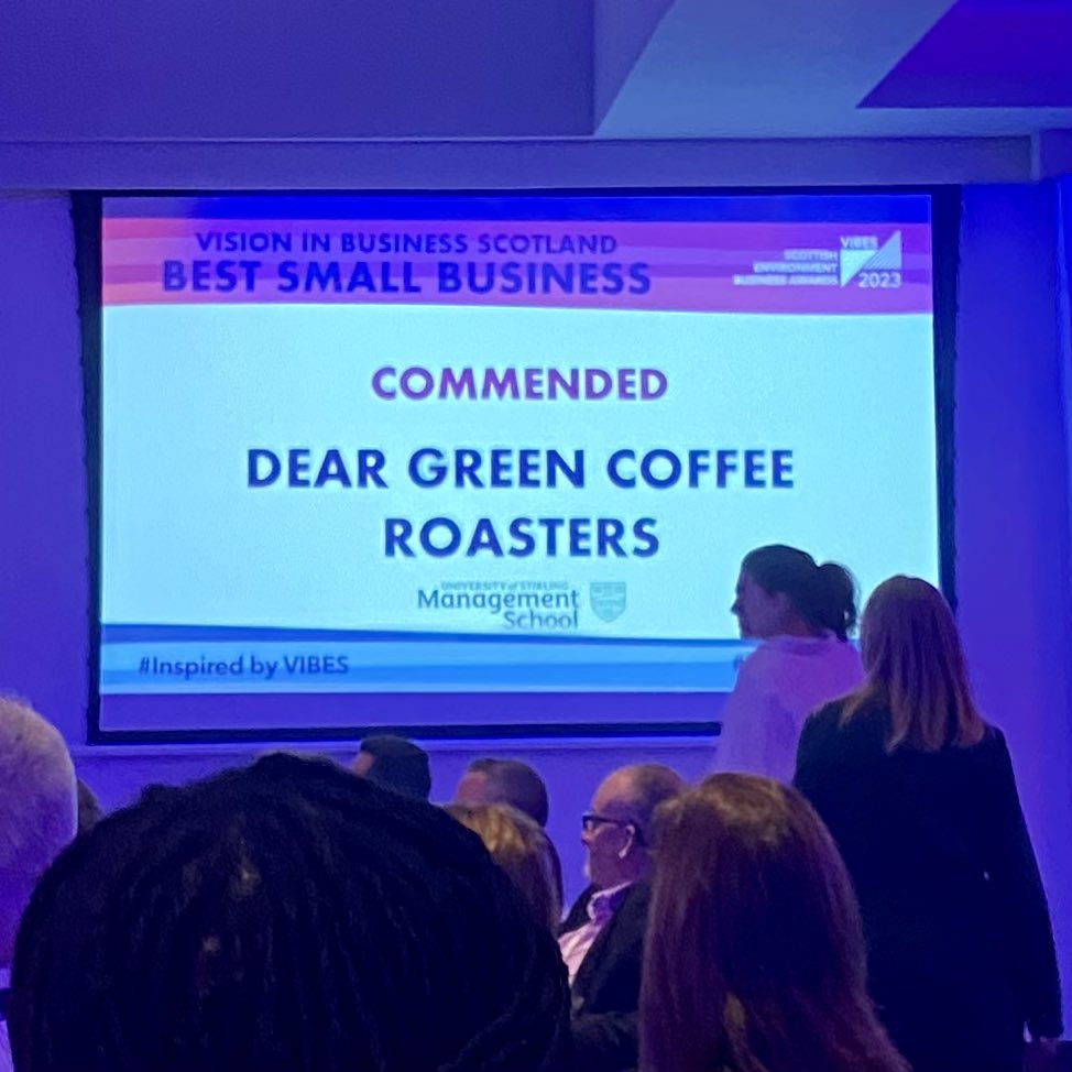 CoffeeGlasgow's tweet photo. We just won a commendation for Best Small Business at the Scottish Environment Business Awards! Wooo! Thanks @vibes_awards #netzeroVIBES ๐ https://t.co/kPBUyX0pTF