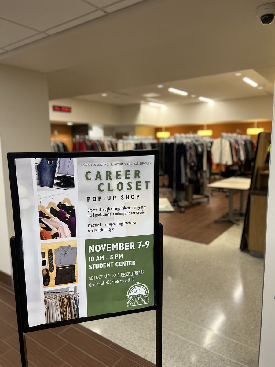 hagerstowncc's tweet photo. HCC’s Career Closet Pop-Up Shop is open today &amp; tomorrow from 10 a.m. - 5 p.m. in the AC&amp;T Student Center.

Bring your student ID for 5 FREE gently used clothing items!👔👗

#hccnow https://t.co/gZxiELPEbB