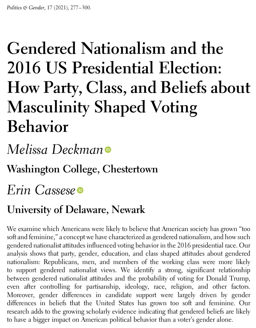 🏆The Politics & Gender Best Article Prize now has its own webpage! Articles are🌟open access🌟: cambridge.org/core/journals/… One of the 2022 co-winners is @MelissaDeckman and @ErinCassese for their article on gender nationalism and the 2016 🇺🇸 election: cambridge.org/core/journals/…