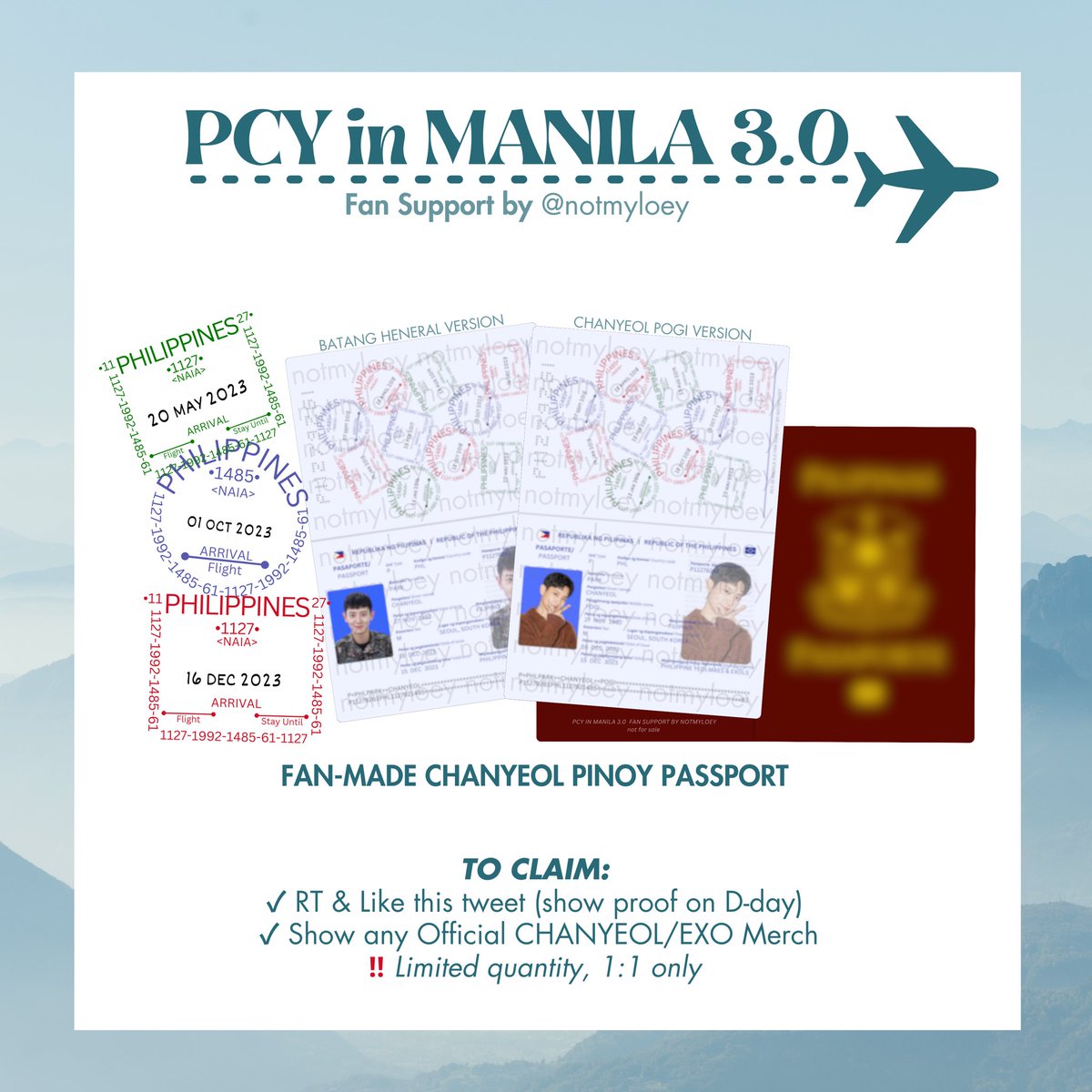 🍒PCY in Manila 3.0 Fan Support by notmyloey🍒

Hello, it’s me again😁 

To commemorate Chanyeol’s 3rd visit in Manila this year, I will be giving away these 𝙛𝙖𝙣-𝙢𝙖𝙙𝙚 𝘾𝙝𝙖𝙣𝙮𝙚𝙤𝙡 𝙋𝙞𝙣𝙤𝙮 𝙋𝙖𝙨𝙨𝙥𝙤𝙧𝙩𝙨 on Dec. 16🩵

See you there!🤩
#PENSHOPPExCHANYEOL