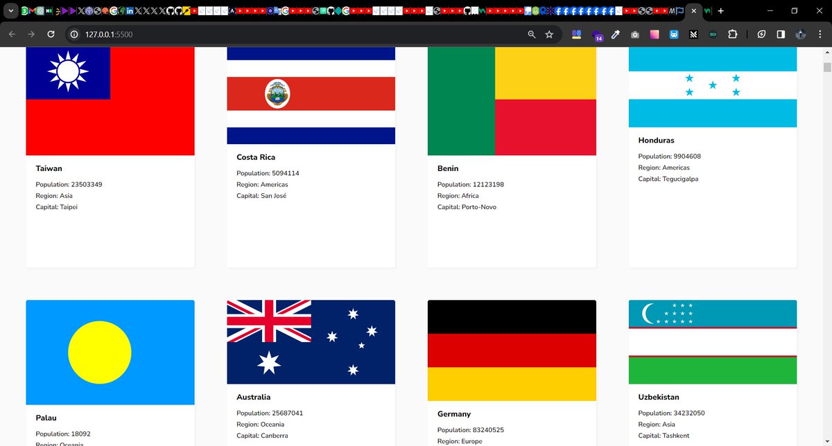 Day 72 of #100daysofcode

I'm facing the issue the flags are not the same size and they are not looking good, is there any way to make them the same size? 🤔

You can check here: rest-countries-api-api2.netlify.app

#letsconnect #CodingJourney #codinglife #buildinpublic