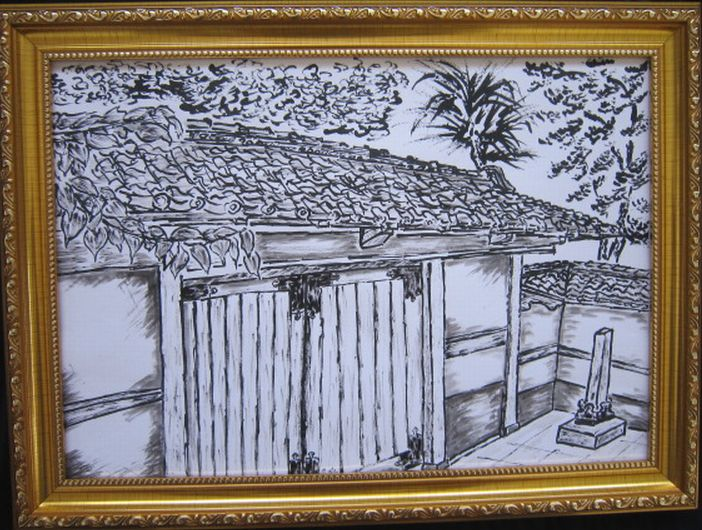 takesumigarou's tweet photo. 竹と墨で描く絵画世界
東京椿山荘庭園内祀られている石造りの毘沙門天と
椿山荘隣接している関口芭蕉庵の門
＃毘沙門天　＃関口芭蕉庵門　＃竹ペン画　＃竹墨画
＃BambooPen　＃JapanArt https://t.co/BKNhkQuTun