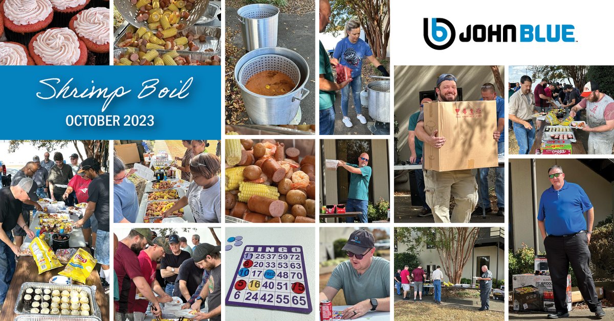 JohnBlueCo's tweet photo. John Blue employees enjoyed our 3rd annual shrimp boil cooked by our very own Director of Mfg Operations and HR Specialist. We played bingo and held the October monthly drawing. Corey won a 2-Burner Griddle Cooking Station. Congrats!

#companylunch #shrimpboil23 #johnblueco https://t.co/BXOSxZzBt0
