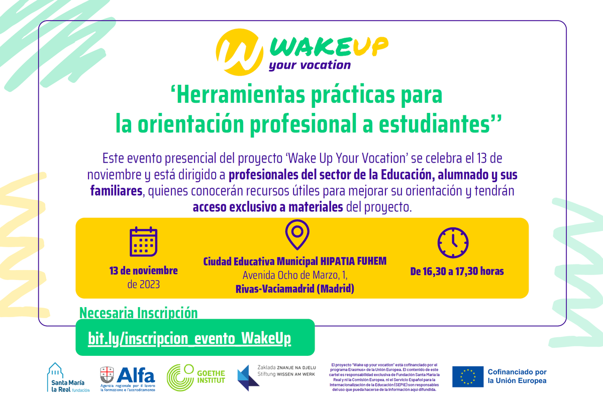 AreaEmpleoFSMLR's tweet photo. 📣 #PróximoEvento #Madrid 📍 Desde #WakeUPVocation te invitamos a este #TallerPráctico para la orientación profesional 🗣️ a #jóvenes
📍Se realizará en el centro
@HipatiaFUHEM
📅13 nov.
🕙16:30-17:30.
📥Necesaria inscripción previa: https://t.co/PawCbuFvQY https://t.co/BEs2YZBdNn