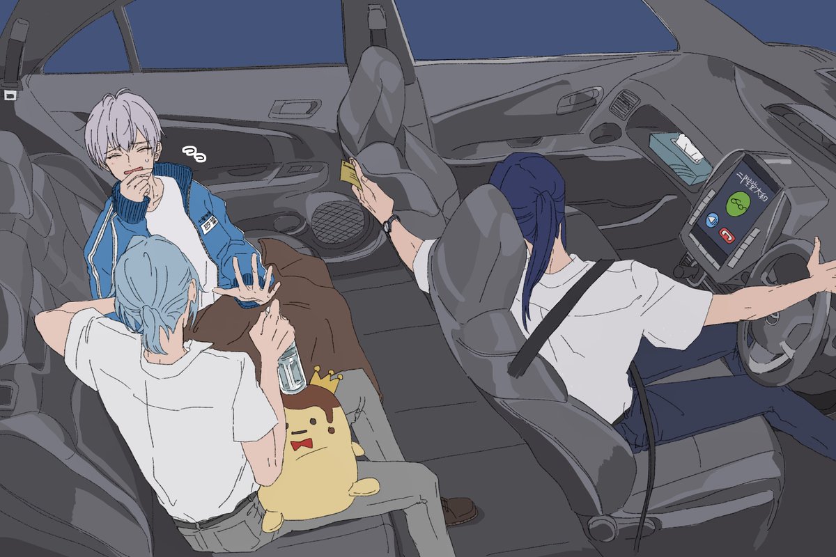 car interior multiple boys blue hair red hair shirt car green hair  illustration images