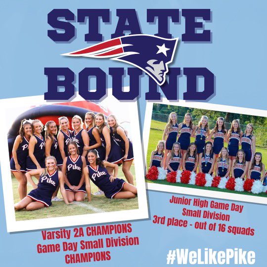 #PikeCheer took 3 routines to Mobile today and is coming home with 3 bids to AHSAA State Finals! Congrats to these hard-working squads and coaches.  They will compete for state titles Dec 11-12 in Birmingham.  

#WeLikePike |  #GoPike | #ProudtobeaPatriot
