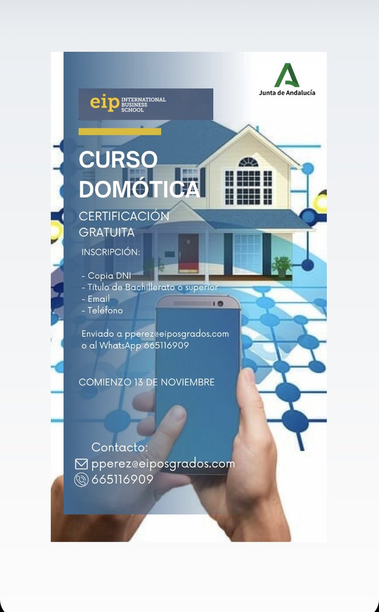 AytoAlgaidas's tweet photo. 🙋🏻 Curso gratuito de DOMÓTICA, online y con plazas limitadas.

👉 Sufragado por la Junta de Andalucía, con fondos europeos.

ℹ️ Toda la información e inscripciones en el 665 116 909 o en el correo electrónico pperez@eiposgrados.com. 

#VillanuevadeAlgaidas #sierranortedemálaga https://t.co/DxVEdtjfHd