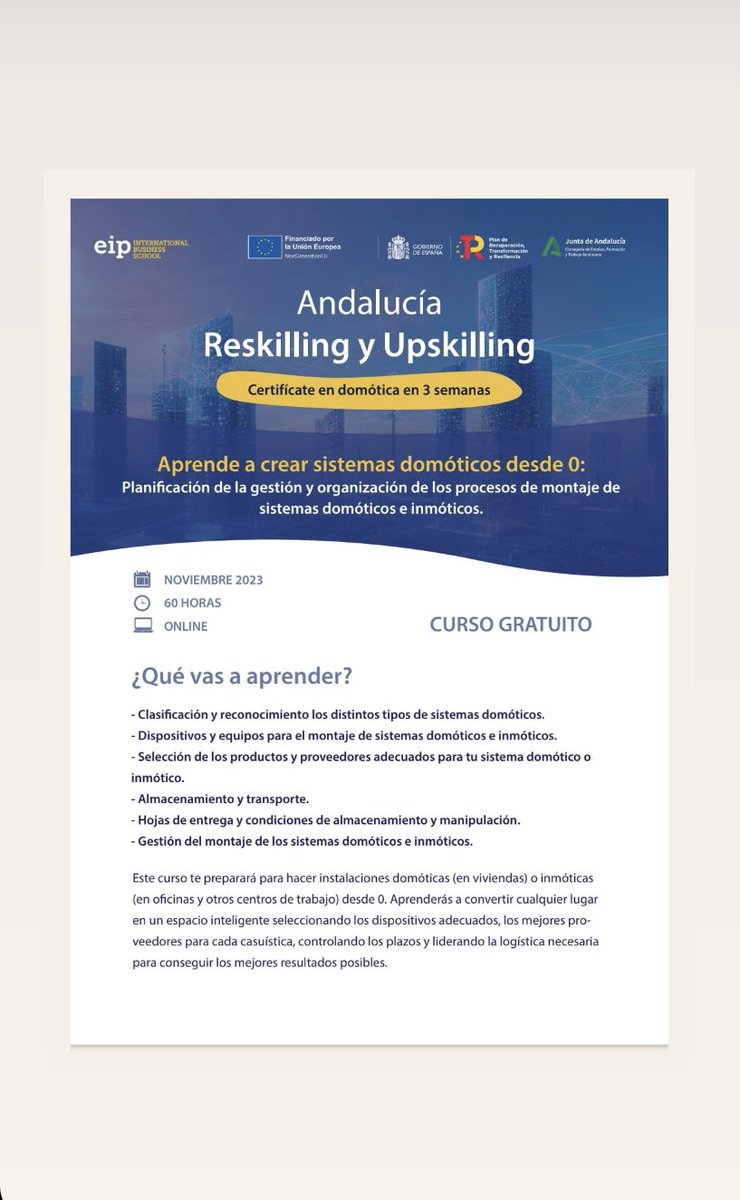 🙋🏻 Curso gratuito de DOMÓTICA, online y con plazas limitadas.

👉 Sufragado por la Junta de Andalucía, con fondos europeos.

ℹ️ Toda la información e inscripciones en el 665 116 909 o en el correo electrónico pperez@eiposgrados.com. 

#VillanuevadeAlgaidas #sierranortedemálaga