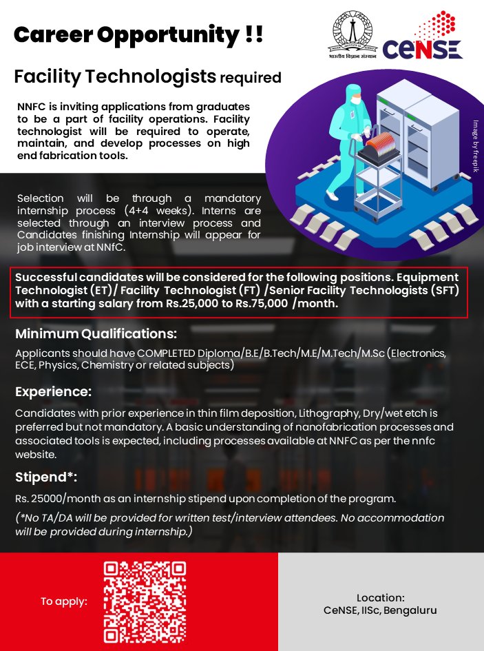 CeNSEatIISc (@censeatiisc) on Twitter photo #jobopportunity We are HIRING!!
NNFC at <a href="/CeNSEatIISc/">CeNSEatIISc</a>, <a href="/iiscbangalore/">IISc Bangalore</a> is inviting applications for posts of equipment technologists (ET), facility technologists (FT) and senior facility technologists (SFT).
Upload resumes at: tinyurl.com/39ja5nub
#hiring #intern #technologist #jobopportunity We are HIRING!!
NNFC at <a href="/CeNSEatIISc/">CeNSEatIISc</a>, <a href="/iiscbangalore/">IISc Bangalore</a> is inviting applications for posts of equipment technologists (ET), facility technologists (FT) and senior facility technologists (SFT).
Upload resumes at: tinyurl.com/39ja5nub
#hiring #intern #technologist