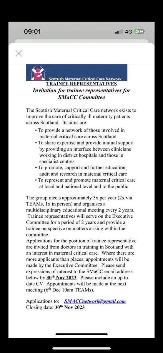 Scottish Maternal Critical Care looking for trainee representatives for SMaCC committee. Details below. If interested, please do chat with local SMaCC members (in all maternity units) or get in touch with me. Deadline 30th November. ⁦@SMaCCNetwork⁩