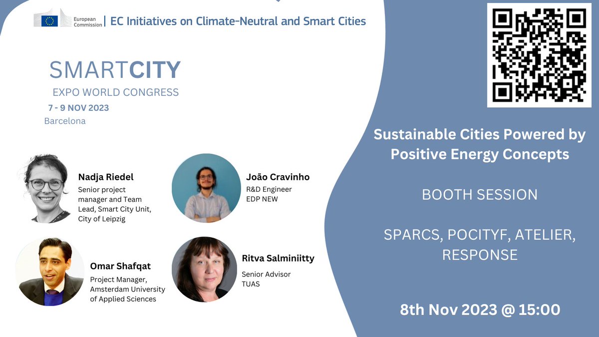 SPARCSeu's tweet photo. Coming up next at #SCEW23: Our session on 'Sustainable Cities Powered by Positive Energy Concepts' at 15:00!
We'll delve into the role of #PEDs in shaping #sustainable European cities.
Join us as we discuss solutions from #SPARCS, @pocityf, @AtelierH2020, and @h2020response. https://t.co/gIgiySnmcP