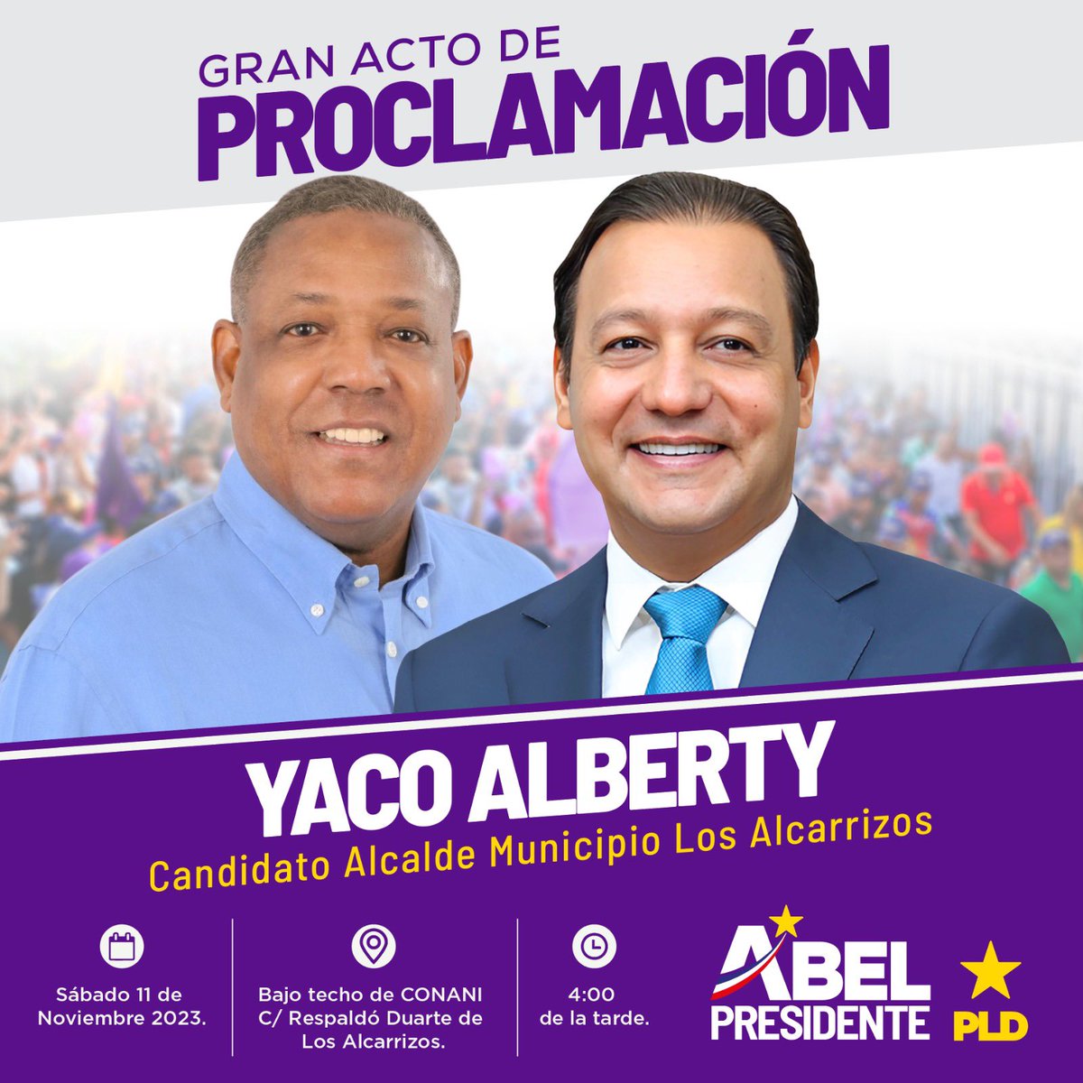 AbelComunicaRD's tweet photo. ¡Recuperaremos a Los Alcarrizos! ✅

Gorras y banderas moradas listas, para proclamar a Yaco Alberty como candidato a alcalde de ese municipio. 

Lo proclamará #AbelPresidente: 

🗓️Sábado 11 de noviembre 
📍Bajo Techo de CONANI
🕰️ 4:00 p.m.

#MoradoEntero 💜 https://t.co/hQGBAUv894