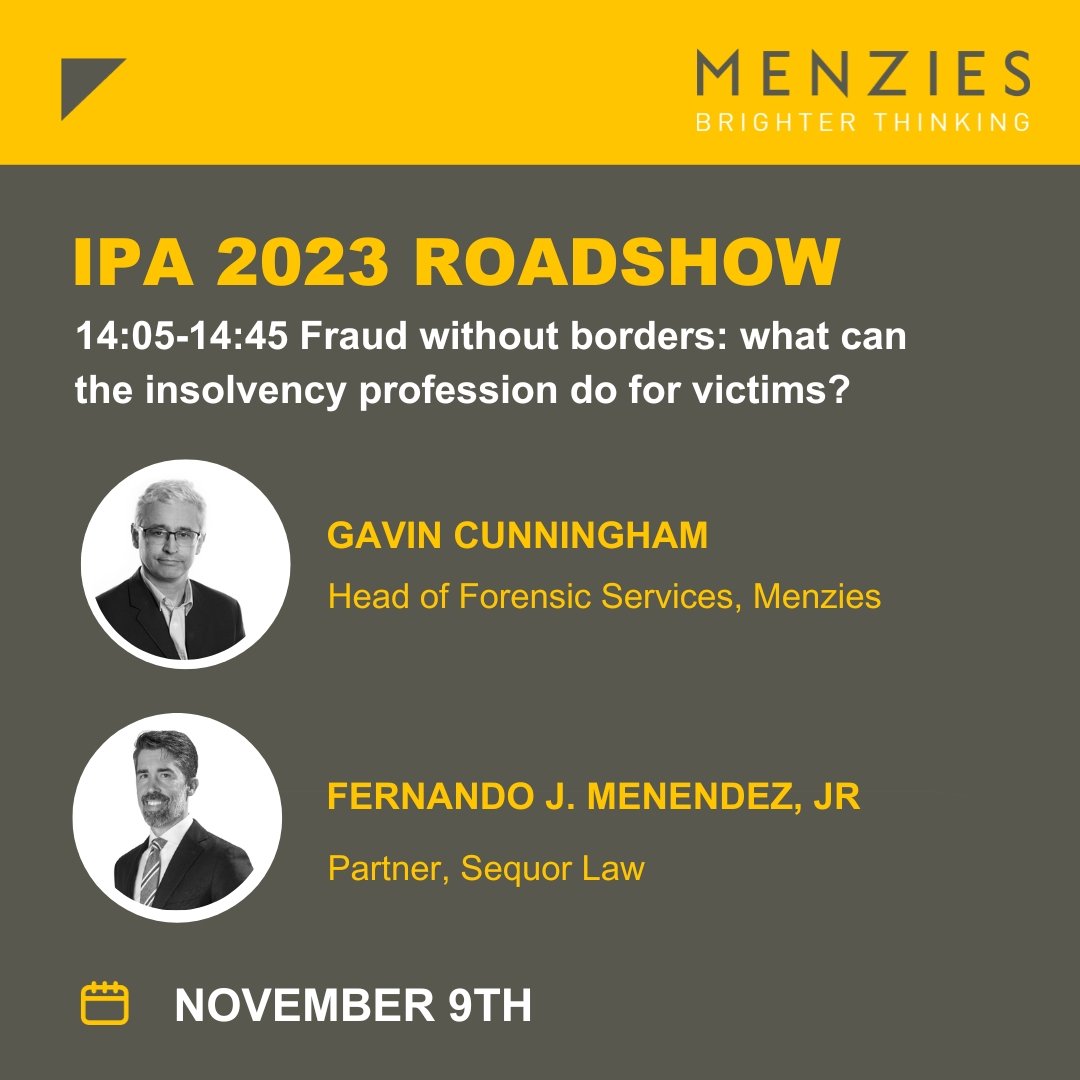 MenziesLLP's tweet photo. #BrighterThinking Gavin Cunningham is speaking alongside Fernando Menendez Jr, @SequorLaw at the @IPAssociation Roadshow on 9th November. We're excited to be speaking alongside other companies, and we look forward to seeing some of you there! https://t.co/HK21MrLB58 https://t.co/YKQAUzPcYA