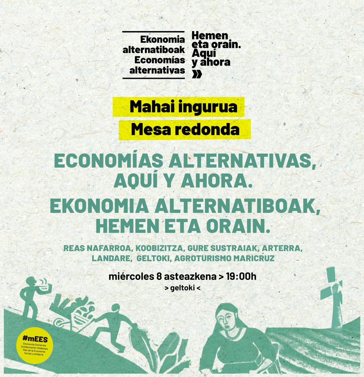 Las economías alternativas son una realidad con más de 20 años de práctica en Navarra.

Hoy hablaremos de retos de futuro y aprendizajes del camino con <a href="/koobizitza/">koobizitza</a> #ArterraBizimodu <a href="/AgroturMaricruz/">Agroturismo Maricruz</a> #Landare <a href="/GureSustraiak/">Gure Sustraiak</a> y <a href="/Geltoki_/">Geltoki</a> 

mucha gente pequeña haciendo grandes cosas