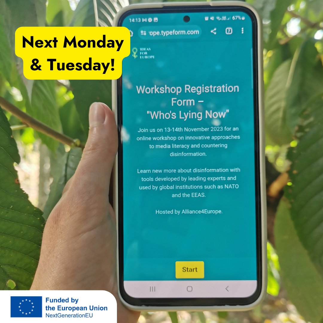 Next Monday & Tuesday! 👩‍💻 Join our free online workshop that explores innovative approaches to #medialiteracy and combating #disinformation. W/ @TheDandelionEU @ALDAeurope & The Centre for Democratic Competences. alliance4europe.typeform.com/ideasforeurope
