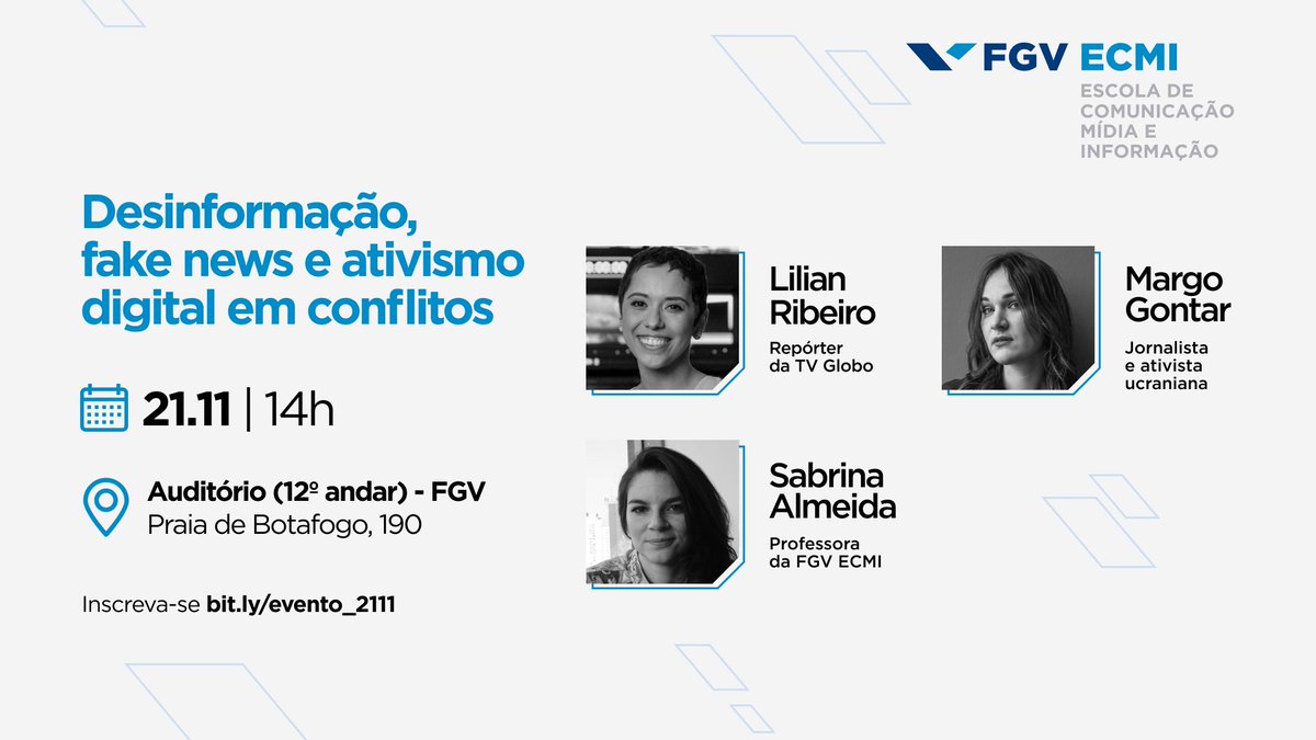 .<a href="/eulilianribeiro/">Lilian Ribeiro</a>, repórter da <a href="/tvglobo/">TV Globo 📺</a>, comanda a discussão com <a href="/MargoGontar/">Margo Gontar 🔱</a>, jornalista e ativista ucraniana, e <a href="/skoalmeida/">Sabrina Almeida</a>, professora da @FGVECMI. 
🗓️ Participe! O evento é aberto, gratuito e contará com tradução simultânea.
Inscreva-se: evento.fgv.br/fakenews_2111/