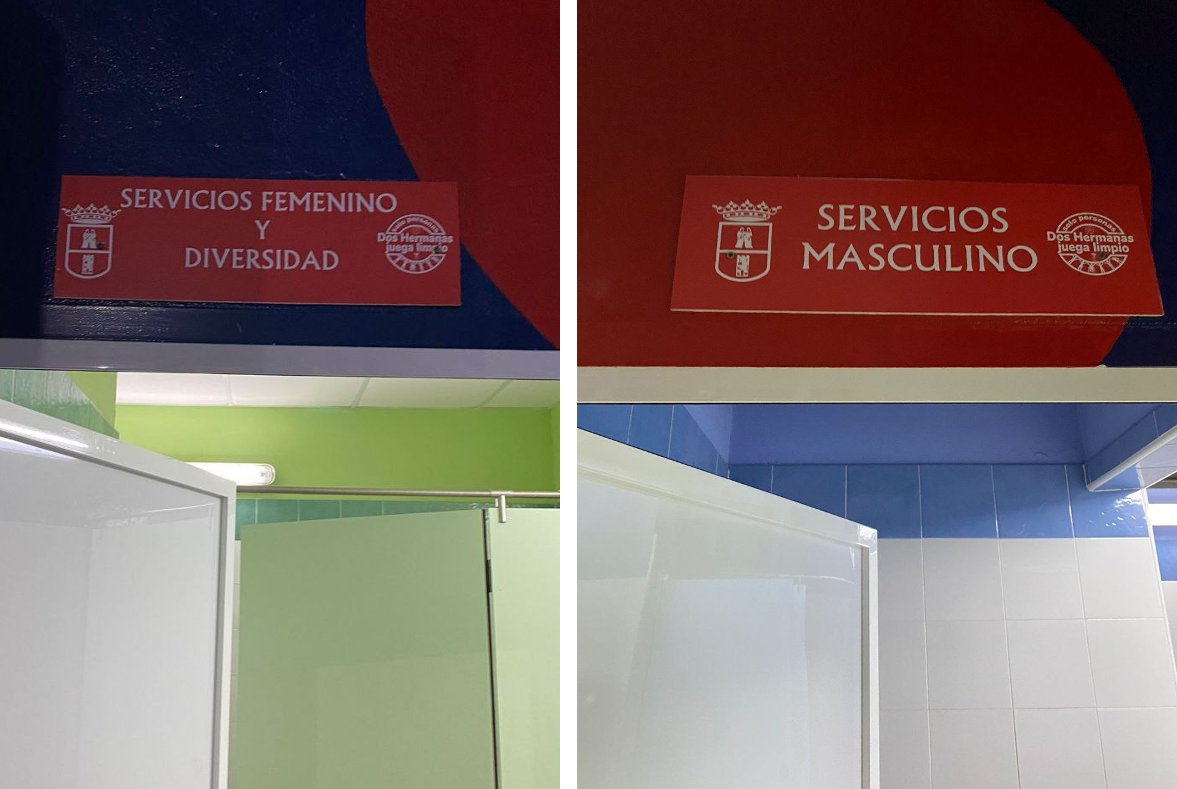 Nos pasan estas imágenes del polideportivo municipal de Sevilla. Para los hombres un aseo exclusivo, para las mujeres no, debemos incluir toda la "diversidad" en nuestros espacios propios, incluidos hombres diversos. ¿Y nuestra intimidad? ¿y nuestra seguridad? ¿no importan?