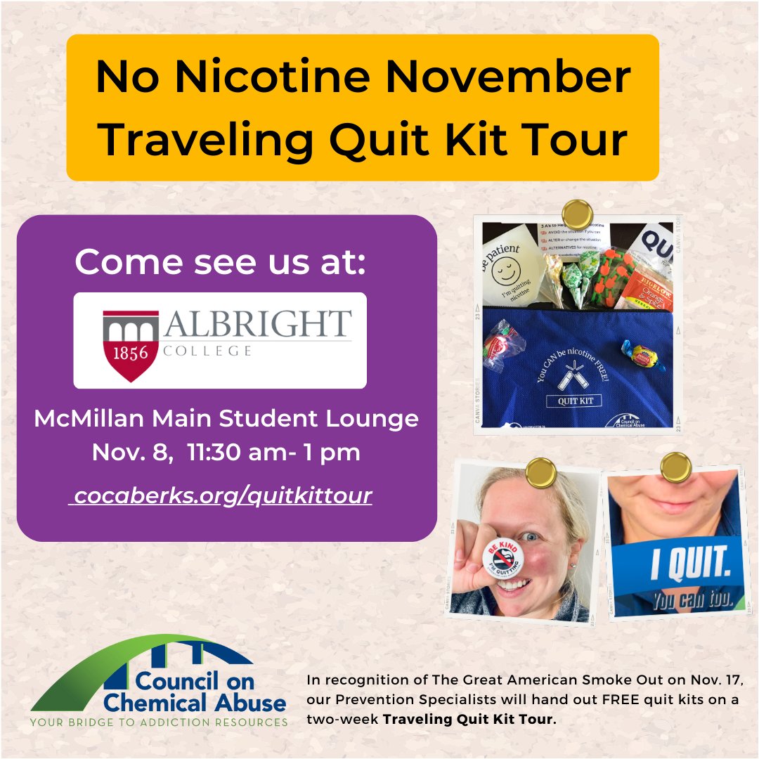 COCABerks's tweet image. Our No Nicotine November Quit Kit Tour continues! Look for our table today at #Albright College. We will be handing out quit kits and information to encourage people to quit smoking and vaping in preparation for #GreatAmericanSmokeout on Nov. 16. cocaberks.org/quitkittour/