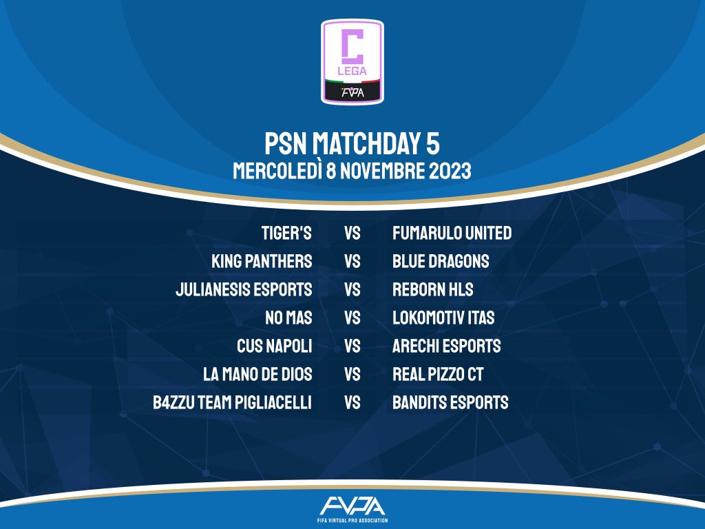 🎮 𝙀𝙘𝙘𝙤 𝙜𝙡𝙞 𝙖𝙘𝙘𝙤𝙥𝙥𝙞𝙖𝙢𝙚𝙣𝙩𝙞 𝙙𝙚𝙡𝙡𝙖 5️⃣ 𝙜𝙞𝙤𝙧𝙣𝙖𝙩𝙖 𝙙𝙞 𝙘𝙖𝙢𝙥𝙞𝙤𝙣𝙖𝙩𝙤.

📅 08.11.23
🏆 lega C1️⃣ - C2️⃣
⏰ 22:00

#fvpaitalia #proclub #eafc24