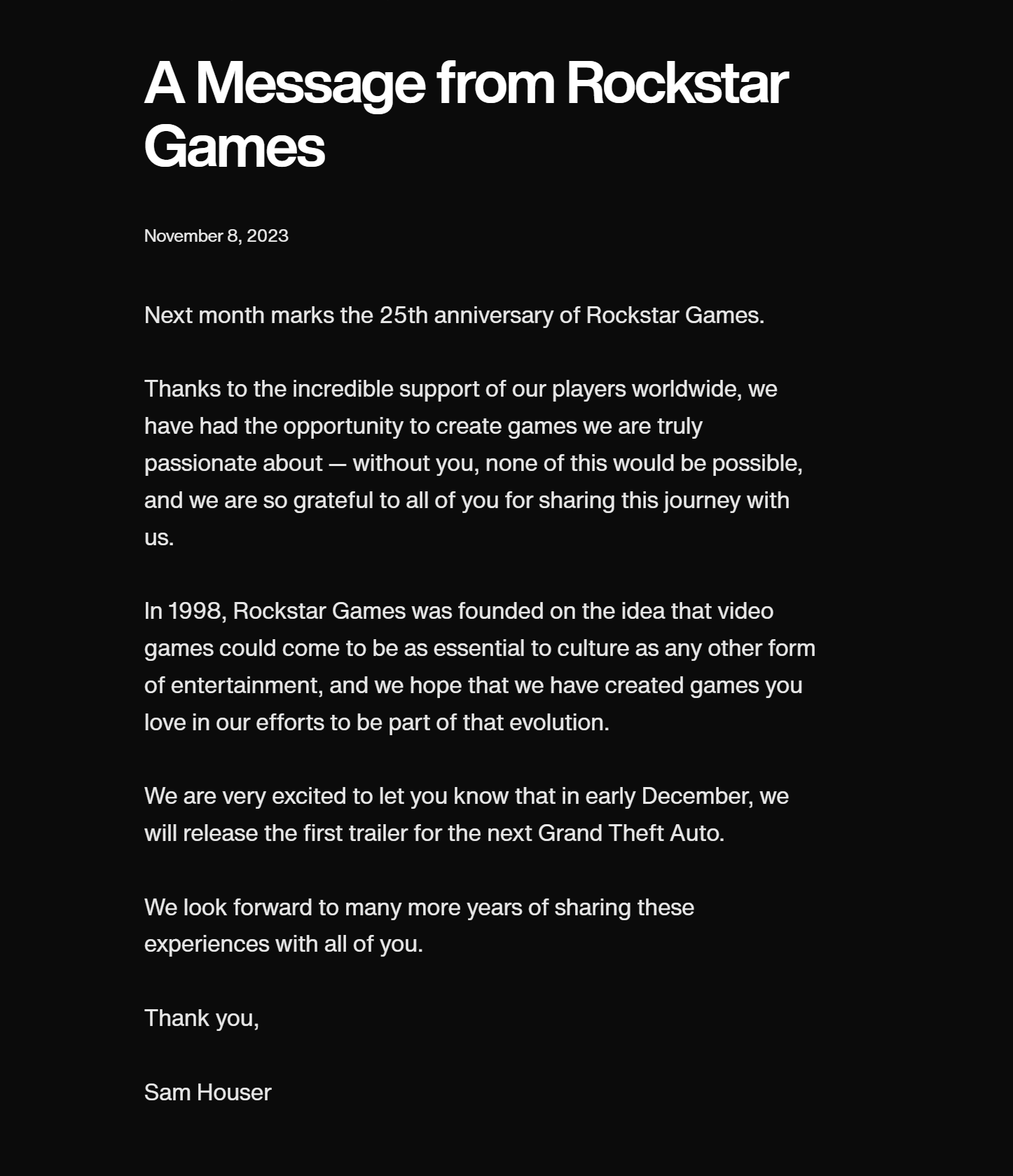 A Message from Rockstar Games