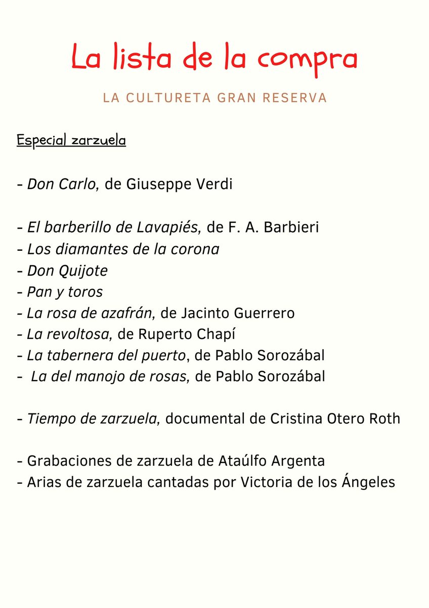 LaCultureta's tweet photo. 🎵Unas cuantas zarzuelas y un documental que, según @rosabelmonte, está muy bien para "desasnar" a los primerizos: "Tiempo de zarzuela", de Cristina Otero Roth. 

🛒Aquí tienen la #ListaDeLaCompra de la semana. https://t.co/WyOhTgU9ne https://t.co/qcte3XmK93