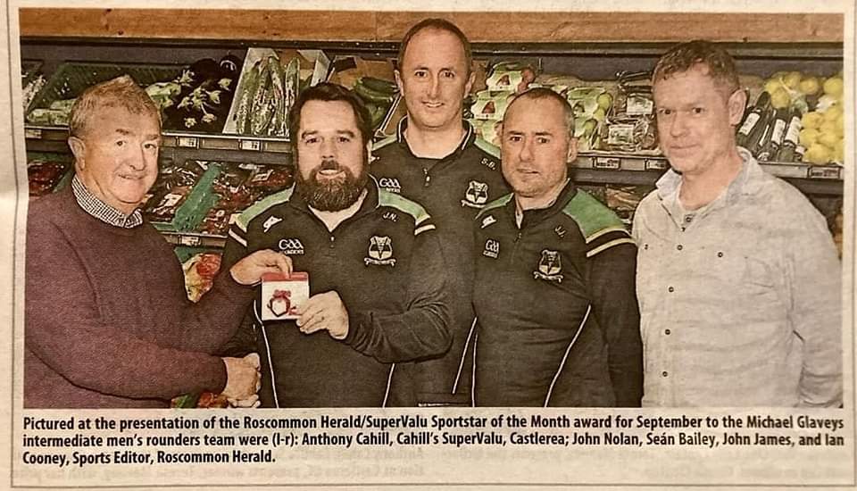 Members of <a href="/MGlaveysrounder/">Michael Glaveys Rounders</a>  Intermediate Mens Team were awarded with their Roscommon Herald Sports Stars of the month award for September this week. Well done all. <a href="/GAARoundersoffi/">GAA Rounders</a> <a href="/glaveys/">Michael Glaveys GAA</a> <a href="/RoscommonHerald/">Roscommon Herald</a> <a href="/RoscommonGAA/">Roscommon GAA</a>