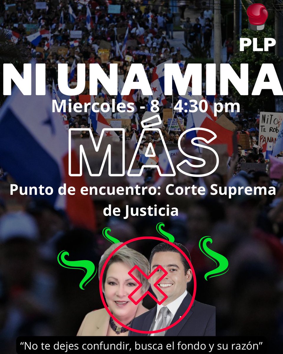 punchlinepanama's tweet photo. Acompañanos a la Corte Suprema de Justicia hoy a las 4:30 p.m; exigimos salga el fallo de inconstitucionalidad lo antes posible.

No al CONTRATO MINERO, NI UNA MINA MÁS.

#PanamaValeMasSinMineria https://t.co/pErLO5bKzG