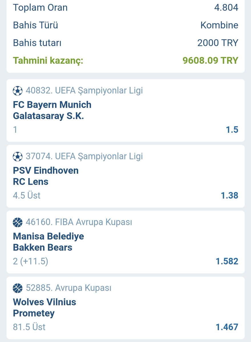 Bayern ilk yarı 1
PSV 4,5 korner üst 
Bakken +11,5h
Wolwes 81,5 üst 

.<a href="/Futbolmasterr1/">FutbolMaster</a> ile ortak kuponumuz sizlerle 👊

4💆=1000TL 💸 dağıtım var 

Kendisini takip ve bu tweet'i RT etmeniz yeterli ✌️

Bol şanslar 💯