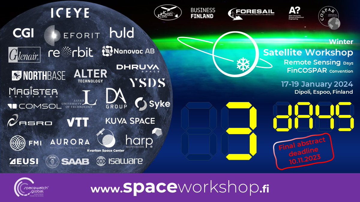Very last days for submitting an abstract to Winter Satellite Workshop. More than 300 people have already registered to the largest-in-Nordic space event. Space is collaboration! spaceworkshop.fi