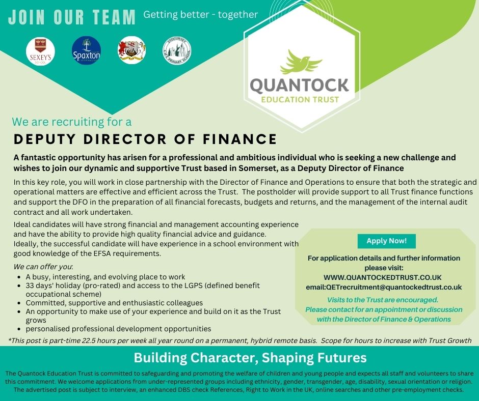 EdQuantock's tweet image. Exciting new opportunity to join our Trust Central Team as the Deputy Director of Finance. Find out more here - quantockedtrust.co.uk/news/?pid=13&amp;amp;n…

#financejobs #parttime #jobsineducation