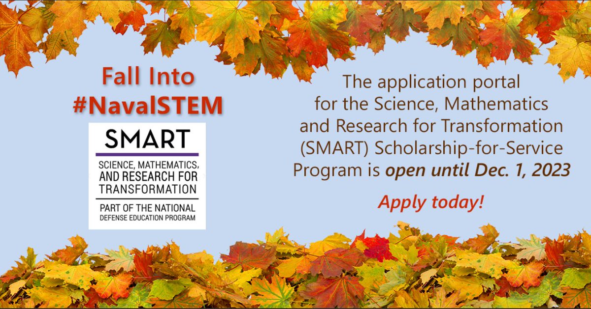USNavyResearch's tweet image. Have you fallen into #NavalSTEM yet? The app portal for the SMART Scholarship @SMART_DoD is open until Dec. 1! @navysteminterns