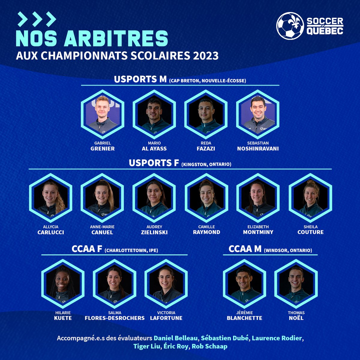Nous souhaitons un bon succès aux arbitres québécois qui participeront aux championnats nationaux CCAA et USports dans les prochains jours!

 Ces arbitres sélectionnés par Canada Soccer seront en action du 8 au 12 novembre.

 Bon championnat à toutes et à tous!💪