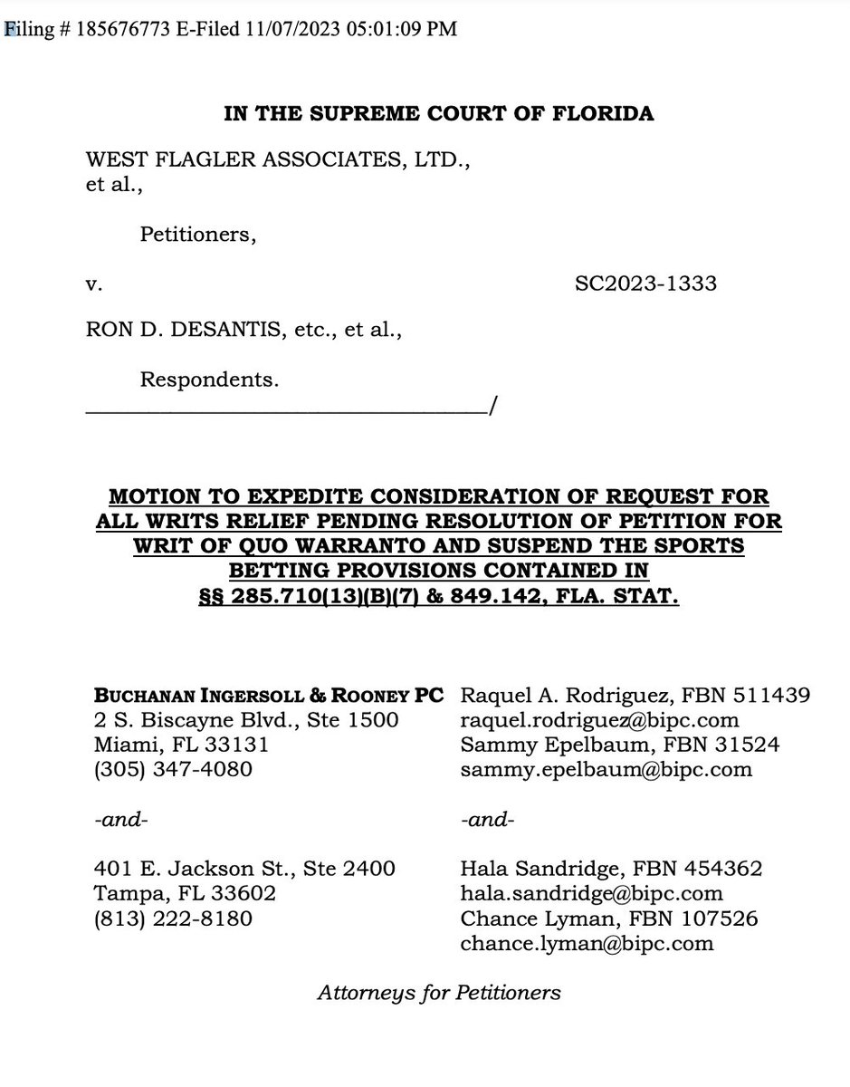 PrograsiveXPlus's tweet photo. BREAKING: West Flagler files motion with the Florida Supreme Court to "expedite" consideration of its request for "all writs" relief to "immediately suspend" Florida's sports betting law pending a final ruling in the case; says "exigency" has been created by the Seminole Tribe's relaunch of its app "without prior warning."