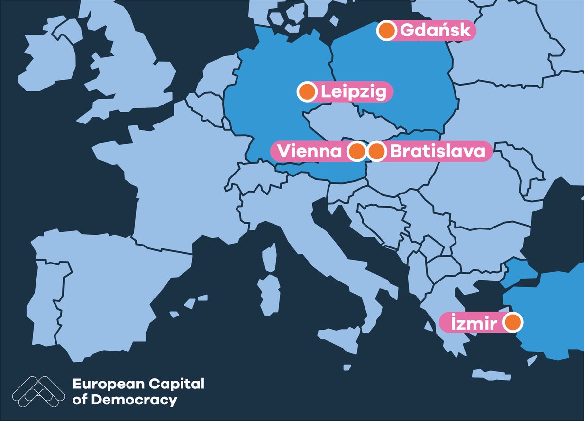📣 After a thorough evaluation process by our Experts' Jury, we have a shortlist of five cities competing for the #EuropeanCapitalofDemocracy 2024/25 title: 
🇸🇰 Bratislava, 🇵🇱 Gdansk (<a href="/gdansk/">Miasto Gdańsk</a>), 🇹🇷 Izmir (<a href="/izmirgibiyiz/">izmirgibiyiz 🇹🇷</a>), 🇩🇪 Leipzig (<a href="/StadtLeipzig/">Stadt Leipzig</a>) and 🇦🇹 Vienna (<a href="/Stadt_Wien/">Stadt Wien</a>).