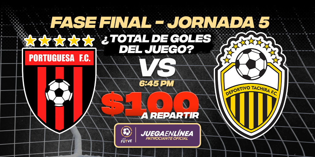 #SorteoFUTVE

¿Total de goles en el juego <a href="/Portuguesa_FC/">Portuguesa FC</a> 🆚 <a href="/DvoTachira/">Deportivo Táchira FC</a> ?

🇻🇪⚽️🏆Condiciones🇻🇪⚽️🏆

Dar RT➕MeGusta
✅Comentar su pronostico y usuario activo
1⃣ comentario por usuario
1⃣0⃣0⃣💲 a repartir entre 5 ganadores
⏱️ Válido hasta: 6:45 PM

#FaseFinal #LigaFUTVE #FUTVE #G4