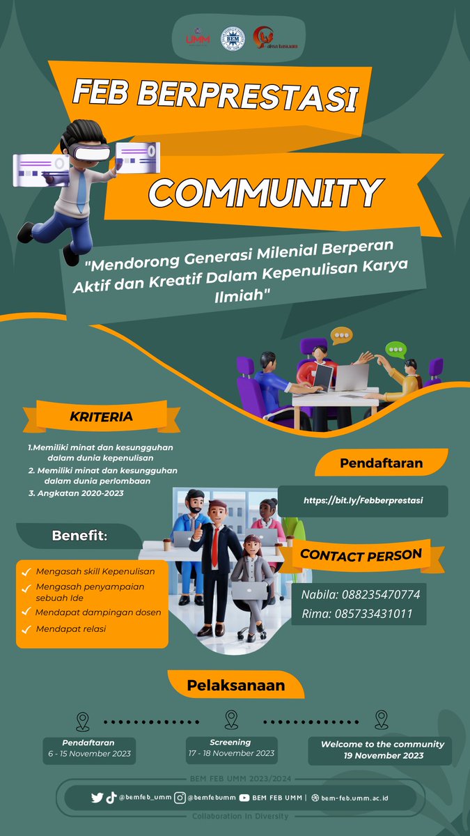 bemfeb_umm's tweet photo. Halo teman-teman FEB!
ada yang baru nih, yah bener banget “FEB BERPRESTASI COMUNITY” yuk segera daftarkan diri kalian 🤩🙌🏻

#bemfebumm #febumm #umm #ummcampus https://t.co/eLhfWusrAk