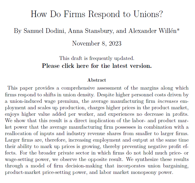 Sam Dodini (@microsamonomics) on Twitter photo 🚨🚨I am super excited to share my JMP coauthored with the awesome <a href="/annastansbury/">Anna Stansbury</a> & <a href="/ALPWillen/">Alexander Willén</a>: How Do Firms Respond to Unions? We do a deep dive into how firms respond when unionization increases in that firm. 🧵 #EconTwitter
samueldodini.com/files/Dodini_J… 🚨🚨I am super excited to share my JMP coauthored with the awesome <a href="/annastansbury/">Anna Stansbury</a> & <a href="/ALPWillen/">Alexander Willén</a>: How Do Firms Respond to Unions? We do a deep dive into how firms respond when unionization increases in that firm. 🧵 #EconTwitter
samueldodini.com/files/Dodini_J…