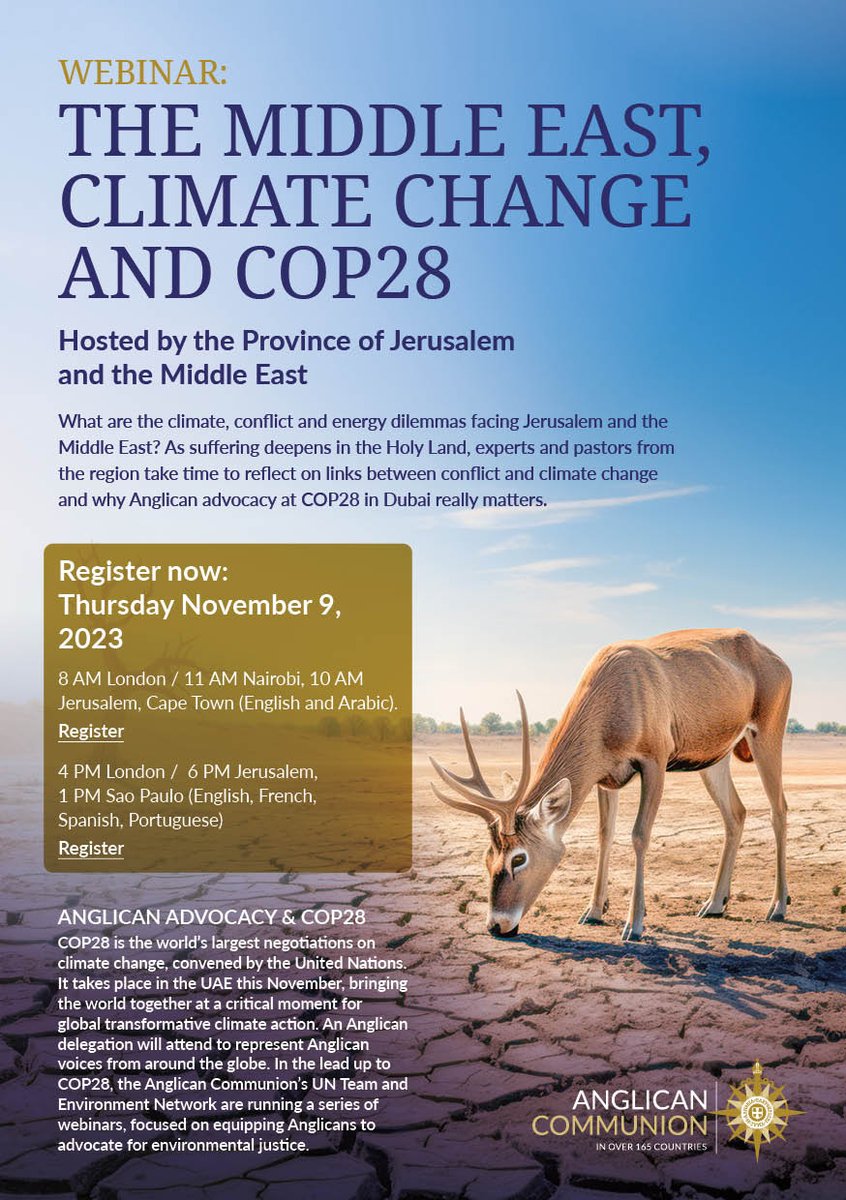 LambethConf's tweet photo. As @COP28_UAEapproaches, don't miss this important webinar about how Anglicans can advocate for climate justice. Hosted by the Province of Jerusalem & the Middle East, this webinar will discuss links between conflict & climate change & why Anglican advocacy really matters. Nov 9. Register: https://t.co/xtUwpfwT8w