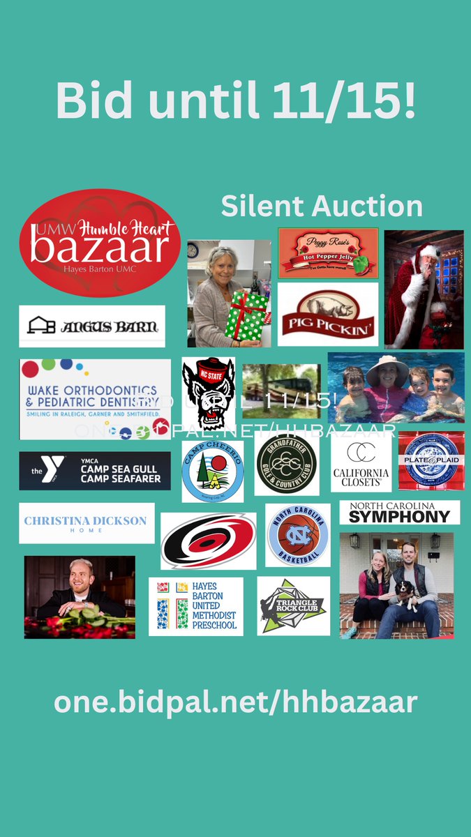 ❤️A message from Hayes Barton UMW!❤️We have over 100 AMAZING silent auction items! Bidding begins today, November 8th, and ends promptly at 2pm on November 15th. Visit one.bidpal.net/hhbazaar and click on Silent Auction for more details.
