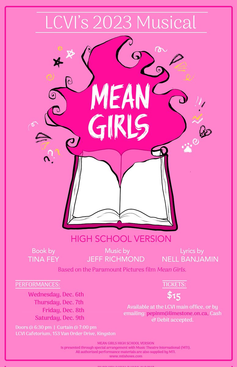 Official poster of our upcoming musical: Mean Girls, High School Version. Tickets go on sale today!