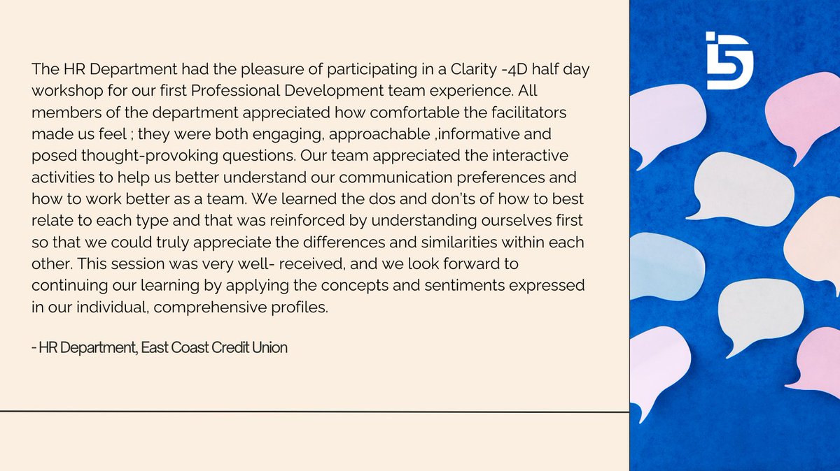 5D_learning's tweet photo. See what East Coast Credit Union's HR department had to say about their Clarity4D session! #HR #Clarity4D #Testimonial https://t.co/lho2RwWPoH