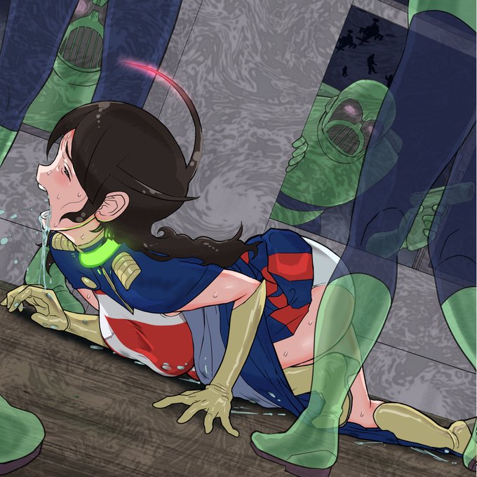 弱点物質を首につけられて悶絶しているスーパーヒロイン 