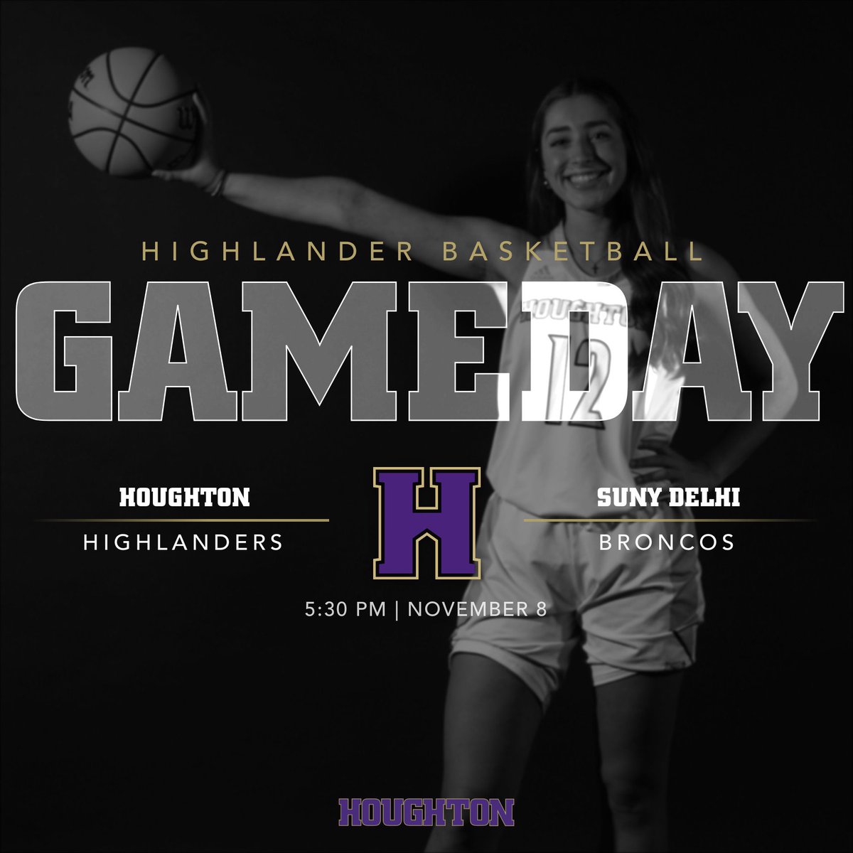 ‼️IT’S FINALLY GAMEDAY‼️
.
🗓️ November 8th
⌚️ 5:30pm
📍 Houghton University - Nielsen Center
.
#GoHighlanders 🦁🏀💜💛