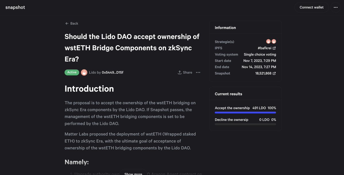 A vote to bring wstETH to @zksync is live ∎ If passed, Lido DAO will formally accept deployment of wstETH to zkSync Era, with the Lido DAO taking ultimate ownership of bridging components. Vote here: snapshot.org/#/lido-snapsho…