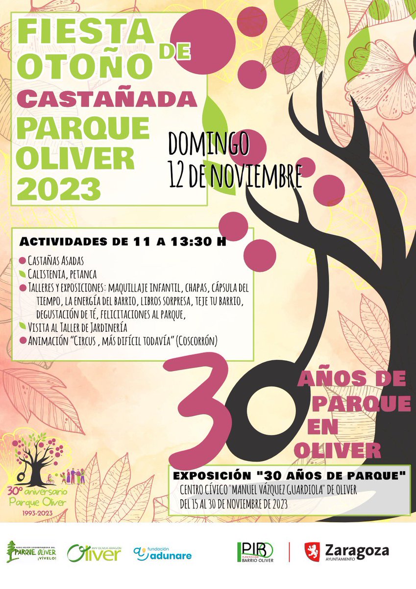 medioambienteZ's tweet photo. Fiesta de Otoño - castañada en el #ParqueOliver de #Zaragoza
📆 Domingo 12NOV2023, 11 a 13:30 h, un montón de actividades
Y 30 aniversario de este maravilloso proyecto comunitario y ambiental, que puedes rememorar en la Expo “30 años de Parque en Oliver” ¡Enhorabuena! 💚 https://t.co/TEeWlmrQGT